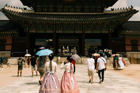Geishas outside of a temple in Seoul, South Korea