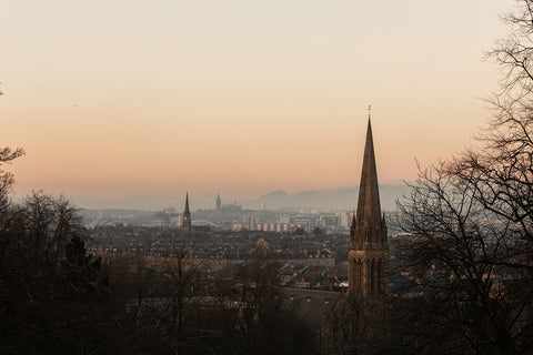 A view over Glasgow, Scotland from Queen's Park at sunset