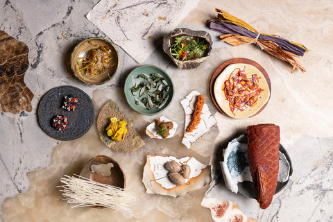 An overhead shot of Peruvian food by chef Virgilio Martínez at his restaurant Mater Iniciativa in Lima