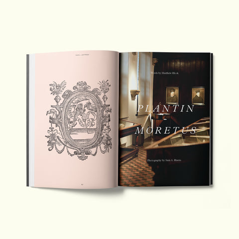 An interior spread of Fare magazine's Antwerp, Belgium city guide, featuring photographs by Sam A. Harris of the Plantin-Moretus museum