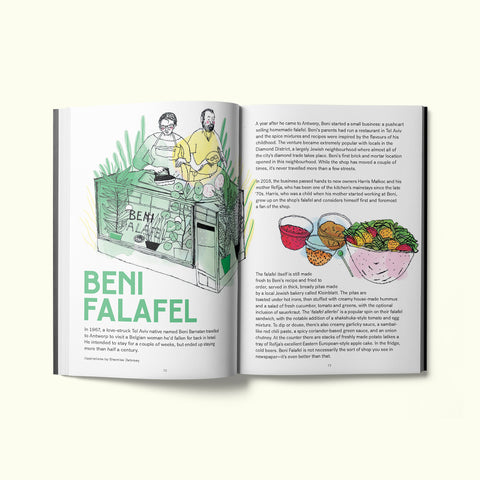 An interior spread of Fare magazine's Antwerp, Belgium city guide, featuring illustrations of Beni Falafel by Shamisa Debroey