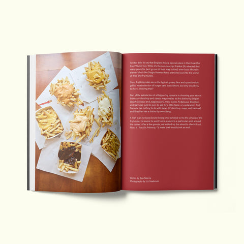 An interior spread of Fare magazine's Antwerp, Belgium city guide, featuring photographs by Liz Seabrook of french fries topped with various kinds of mayonnaise