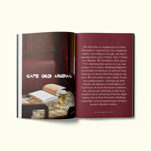 An interior spread of Fare magazine's Antwerp, Belgium city guide, featuring photographs by Sam A. Harris of Cafe Oud Arsenaal