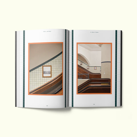 An interior spread of Fare magazine's Antwerp, Belgium city guide, featuring photographs by Liz Seabrook of the wooden escalators in St. Anna's Tunnel