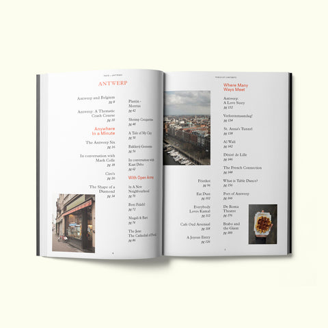 Table of contents of Fare magazine's Antwerp, Belgium city guide