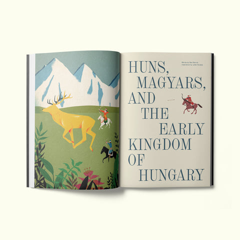 An interior spread of Fare magazine's Budapest, Hungary city guide, featuring an illustration by Lehel Kovács depicting Hunor and Magor hunting the golden stag