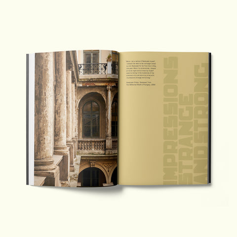 An interior spread of Fare magazine's Budapest, Hungary city guide, featuring a photograph of the facade of a old stone building