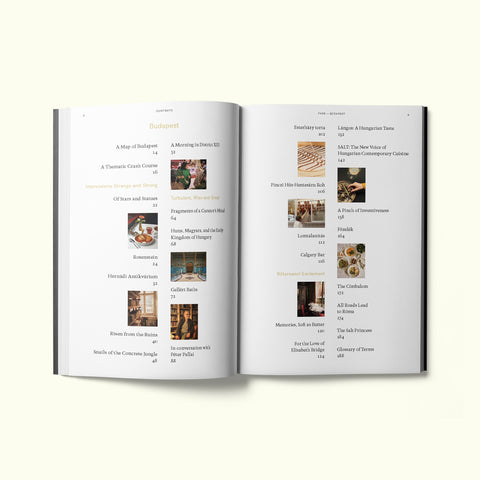 Table of contents for Fare magazine's Budapest, Hungary city guide