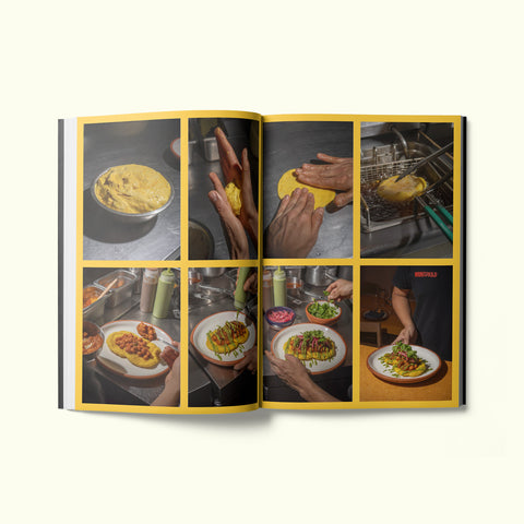 An interior spread of Fare magazine's Mexico City (CDMX) city guide, featuring a photo series of the making of doubles at Masala y Maíz restaurant