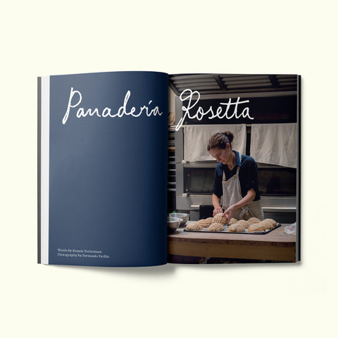 An interior spread of Fare magazine's Mexico City (CDMX) city guide, featuring a photograph of chef Elena Reygadas in the kitchen of her bakery, Panadería Rosetta