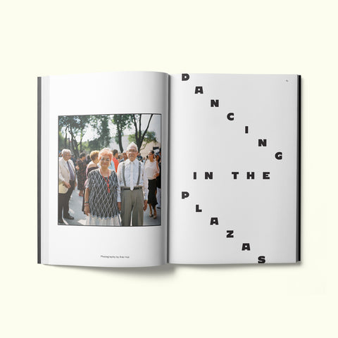 An interior spread of Fare magazine's Mexico City (CDMX) city guide, featuring a photograph of an old couple dancing in the plaza