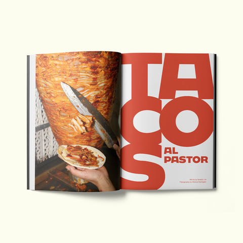 An interior spread of Fare magazine's Mexico City (CDMX) city guide, featuring a photograph of meat being sliced off the spit for tacos al pastor