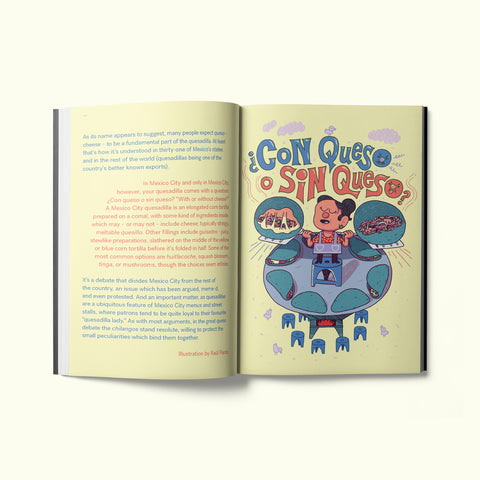 An interior spread of Fare magazine's Mexico City (CDMX) city guide, featuring an illustration by Raúl Pardo called "Con queso o sin queso?"