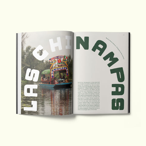 An interior spread of Fare magazine's Mexico City (CDMX) city guide, featuring a photograph of a boat on the canals of las chinampas in Xochimilco