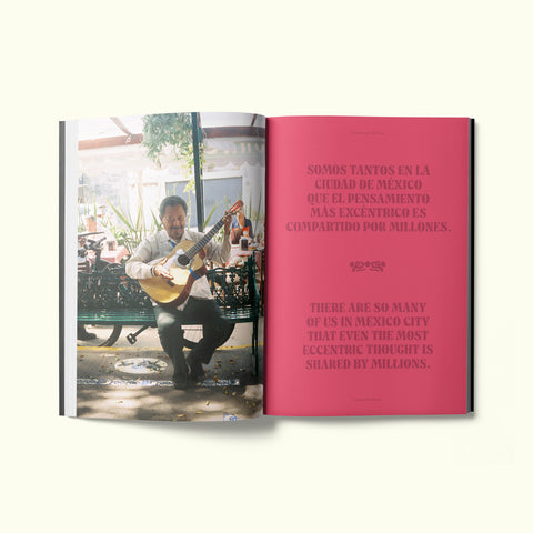 An interior spread of Fare magazine's Mexico City (CDMX) city guide, featuring a photograph of a man on a bench playing the guitar