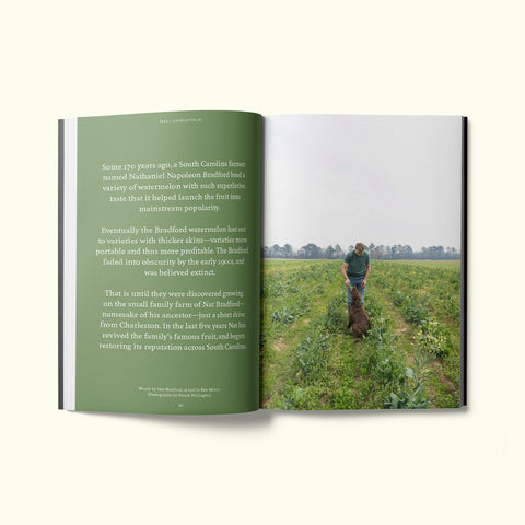 An interior spread of Fare magazine's Charleston, South Carolina city guide, featuring a photograph of farmer Nat Bradfield in the fields with his dog