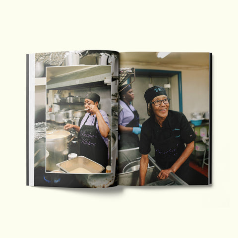 An interior spread of Fare magazine's Charleston, South Carolina city guide, featuring portraits of the workers at Bertha's Kitchen