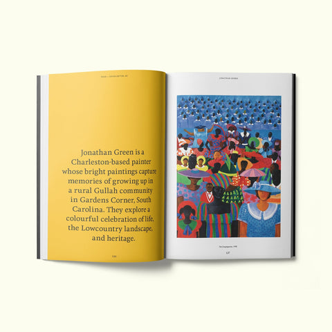 An interior spread of Fare magazine's Charleston city guide, featuring a painting of the Gullah community by South Carolina artist Jonathan Green