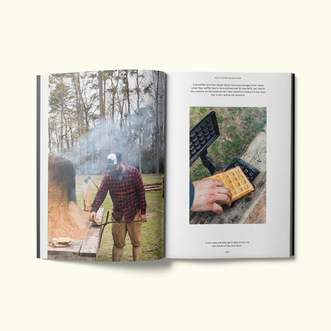 An interior spread of Fare magazine's Charleston, South Carolina city guide, featuring photographs of chef Justin Cherry, owner of Half Crown Bake House, making waffles in a traditional stone oven