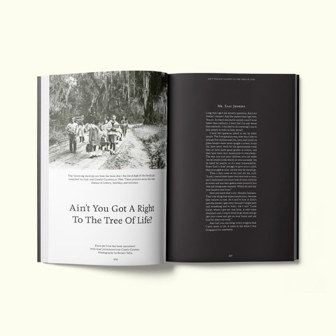 An interior spread of Fare magazine's Charleston, South Carolina city guide, featuring excerpts from the book "Ain’t You Got A Right To The Tree Of Life?" compiled by Guy and Candie Carawan in 1966
