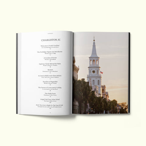 Table of contents for Fare magazine's city guide of Charleston, South Carolina