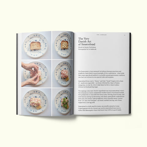 An interior spread of Fare magazine's Copenhagen, Denmark city guide, featuring photographs of the making of a shrimp Smørrebrød