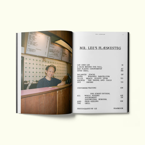 An interior spread of Fare magazine's Copenhagen, Denmark city guide, featuring a photograph of Mr Lee at his restaurant where he serves Flæskesteg