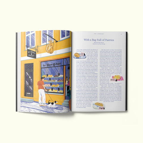 An interior spread of Fare magazine's Copenhagen, Denmark city guide, featuring an illustration by Nina Dissing of a man walking a dog and looking at the pastries in the window of a bakery