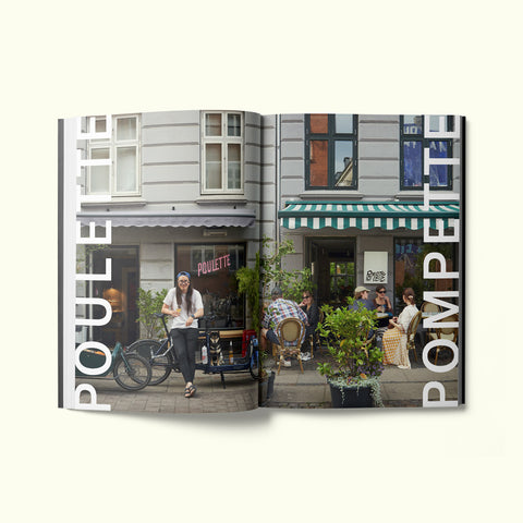 An interior spread of Fare magazine's Copenhagen, Denmark city guide, featuring a photograph of the exterior of Poulette Pompette restaurant and wine bar