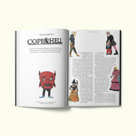 An interior spread of Fare magazine's Copenhagen, Denmark city guide, featuring illustrations by Joakim Drescher of people dressed up for Copenhell, Denmark’s largest rock and metal festival