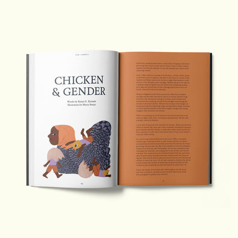 An interior spread of Fare magazine's Kampala, Uganda city guide, featuring an illustration by Maria Stoian accompanying an article called "Chicken and Gender" by Katasi E. Kironde