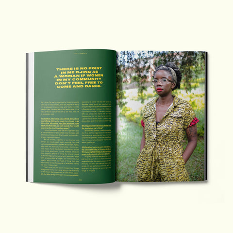 An interior spread of Fare magazine's Kampala city guide, featuring a portrait of female DJ Kampire