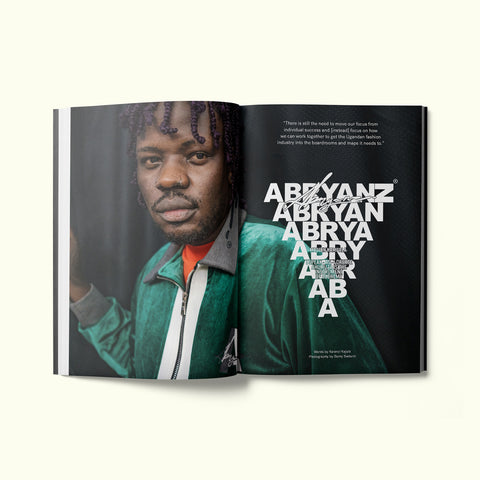 An interior spread of Fare magazine's Kampala, Uganda city guide, featuring a photograph of fashion designer Brian Ahumuza