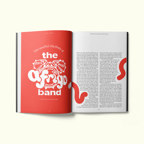 An interior spread of Fare magazine's Kampala, Uganda city guide, featuring an article about the Afringo band