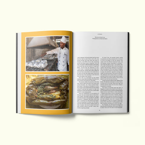 An interior spread of Fare magazine's Kampala, Uganda city guide, featuring photographs of a chef preparing luwombo