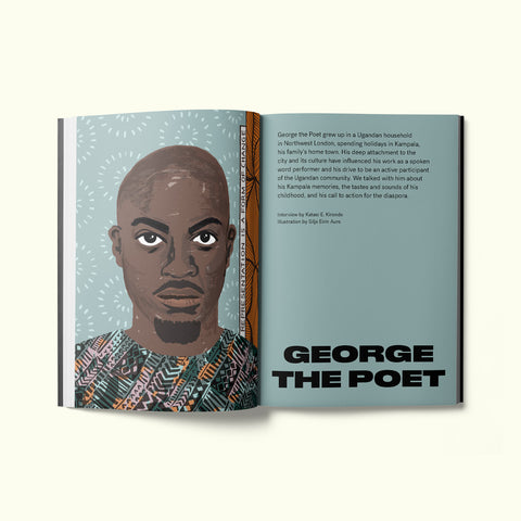 An interior spread of Fare magazine's Kampala, Uganda city guide, featuring an illustration of George the Poet by Silje Eirin Aure