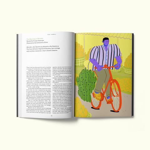An interior spread of Fare magazine's Kampala, Uganda city guide, featuring an illustration of a man on a bicycle by Samantha Slinn accompanying an article by Ernest Bazanye entitled "The Meaning of Matooke"