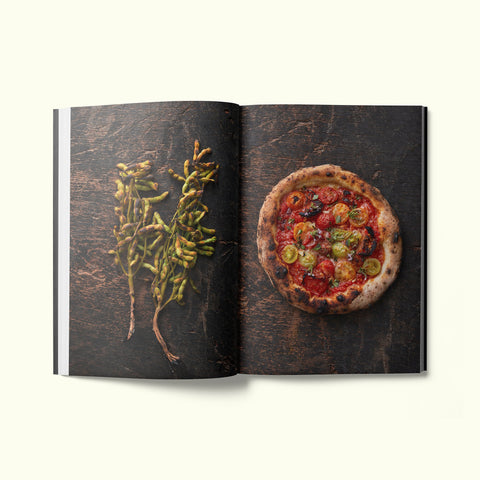 An interior spread of Fare magazine's Kyoto, Japan city guide, featuring photographs of freshly baked pizza and charred edamame at chef Yoshihiro Imai's restaurant
