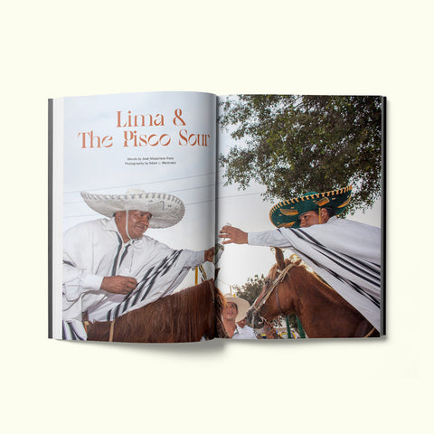 An interior spread of Fare magazine's Lima, Peru city guide, featuring a photograph of two men on horseback sharing a bottle of pisco