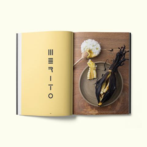 An interior spread of Fare magazine's Lima, Peru city guide, featuring a photograph of charred corn at Merito restaurant
