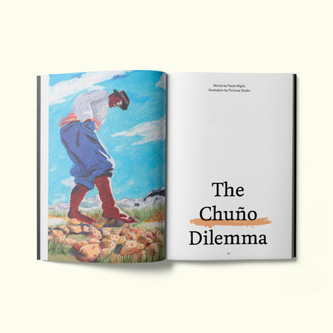 An interior spread of Fare magazine's Lima, Peru city guide, featuring an illustration by Fortuna Studio accompanying an article by Paola Miglio entitled "The Chuño Dilemma"