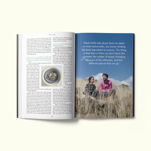 An interior spread of Fare magazine's Lima, Peru city guide, featuring a photograph chefs and researchers Virgilio and Malena Martínez