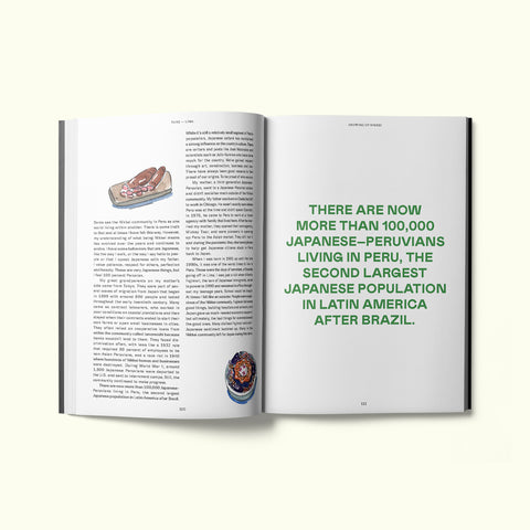 An interior spread of Fare magazine's Lima, Peru city guide, featuring illustrations by Ana Paula Machuca Gutiérrez and an article by Mitsuharu Tsumura entitled "Growing up Nikkei"