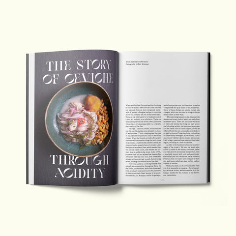 An interior spread of Fare magazine's Lima, Peru city guide, featuring a photograph of ceviche