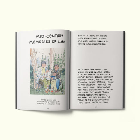 An interior spread of Fare magazine's Lima, Peru city guide, featuring an illustration of family memories by Melissa Stiles and an essay entitled "Mid-century Memories of Lima" by Nico Vera