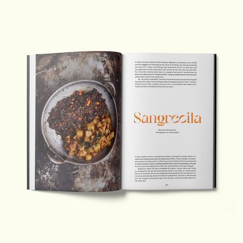 An interior spread of Fare magazine's Lima, Peru city guide, featuring a photograph of sangrecita
