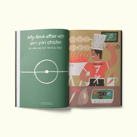 An interior spread of Fare magazine's Lisbon, Portugal city guide, featuring an illustration by Mantraste of a chef making piri piri chicken
