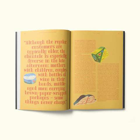 An interior spread of Fare magazine's Lisbon, Portugal city guide, featuring illustrations by Amanda Baeza of speciality food items available at Manteigaria Silva