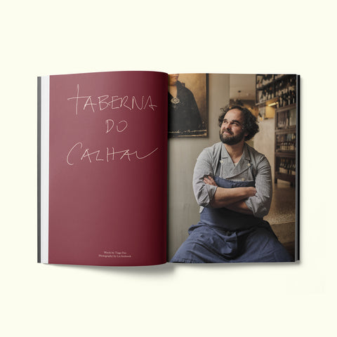 An interior spread of Fare magazine's Lisbon, Portugal city guide, featuring a photograph by Liz Seabrook of Leopoldo Calhau in his restaurant Taberna do Calhau