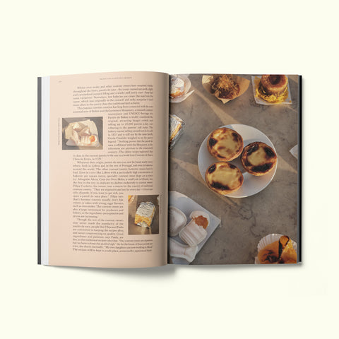 An interior spread of Fare magazine's Lisbon, Portugal city guide, featuring photographs by Liz Seabrook of traditional convent sweets, such as pastel de nata